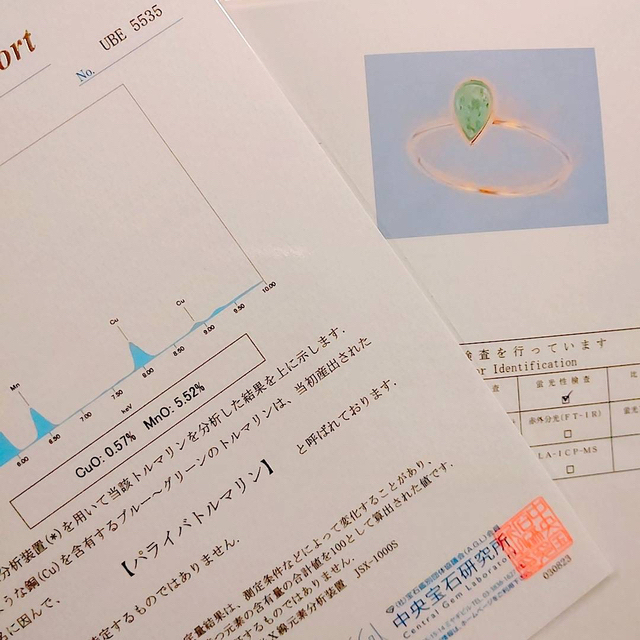 安心の鑑別書・成分分析書付❤️パライバトルマリン0.41ct/K18YG/15号 レディースのアクセサリー(リング(指輪))の商品写真