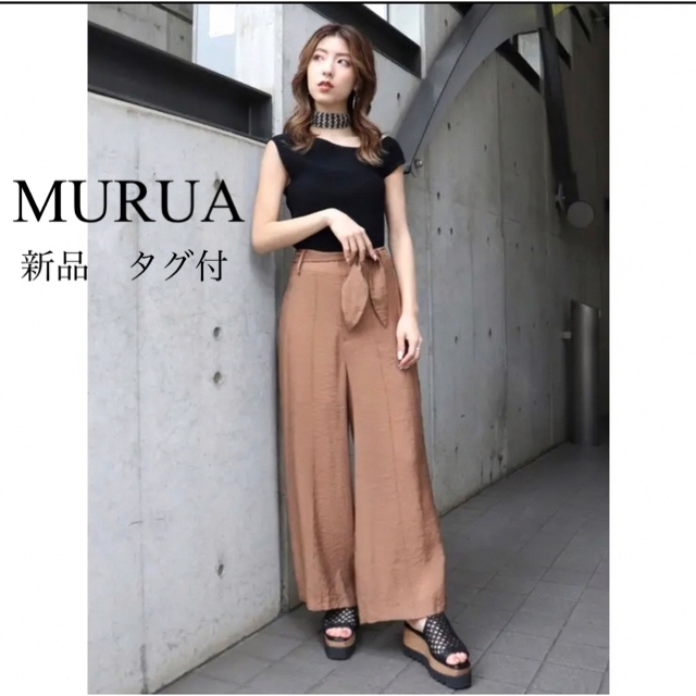 MURUA(ムルーア)の新品　MURUA ムルーア　エアリーリボンワイドパンツ　M シアー　ブラウン レディースのパンツ(カジュアルパンツ)の商品写真