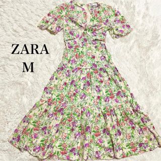 美品　ZARA ザラ　総柄　ロングワンピース　マルチカラー　花柄　りぼん　青　S