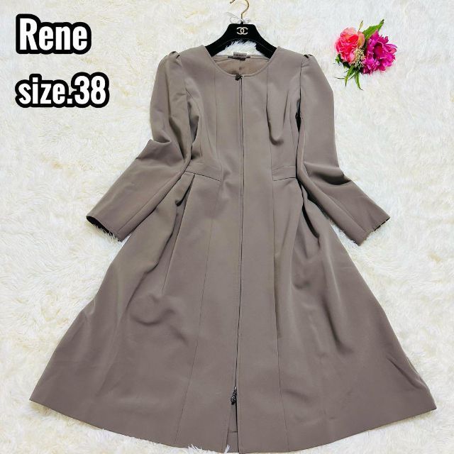 ジャケット/アウターRene ノーカラー プリーツ コート ストレッチ 花ライダー ベージュ 38