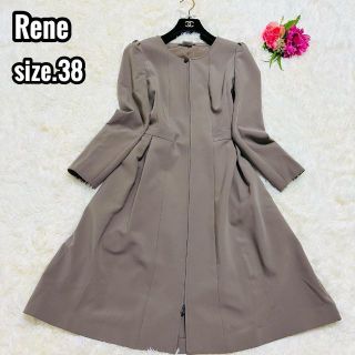 ルネ(René)のRene ノーカラー プリーツ コート ストレッチ 花ライダー ベージュ 38(ロングコート)