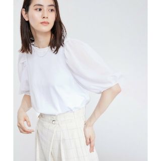 ロペ(ROPE’)の【ホワイト（10）】【洗える】シフォンコンビギャザーパフスリーブカットソー(カットソー(長袖/七分))