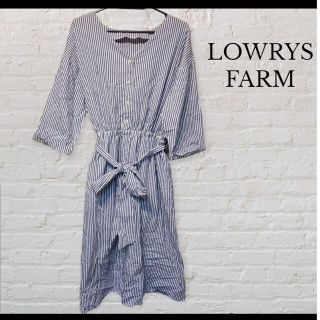 ローリーズファーム(LOWRYS FARM)のLOWRYS FARM ウエスリボン付き ストライプ七分袖 膝下丈ワンピース M(ひざ丈ワンピース)