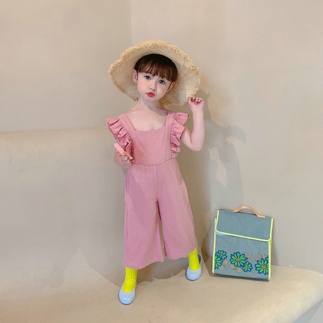 フリルロンパース　ピンク　ブラック　韓国子供服　バックオープン キッズ/ベビー/マタニティのキッズ服女の子用(90cm~)(ワンピース)の商品写真