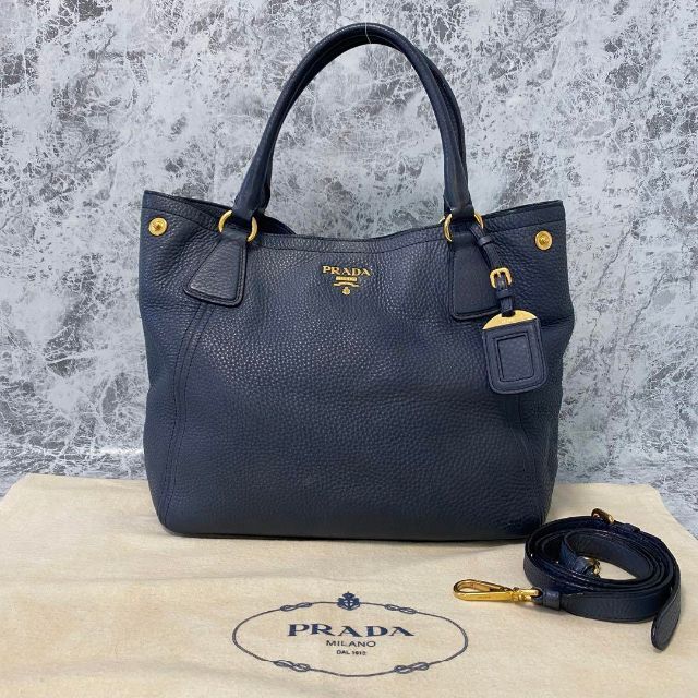 PRADA プラダ ロゴ ハンド ショルダー トートバッグ レザー ネイビー