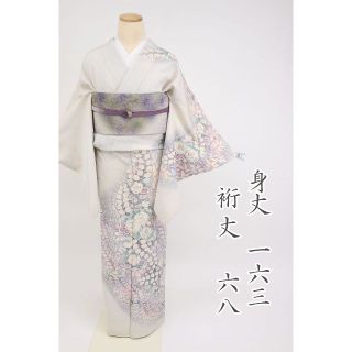 長尺★辻が花　訪問着　翠山工房　袷　着物 淡いグレー 10HH39(着物)