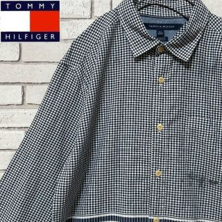 トミーヒルフィガー(TOMMY HILFIGER)のトミーヒルフィガー 長袖シャツ ギンガムチェック＆ボーダー柄 ロゴ刺繍 紺色L(シャツ)