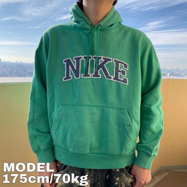 NIKE ナイキ ビッグロゴ刺繍パーカー グリーン 緑 L スウェット 古着