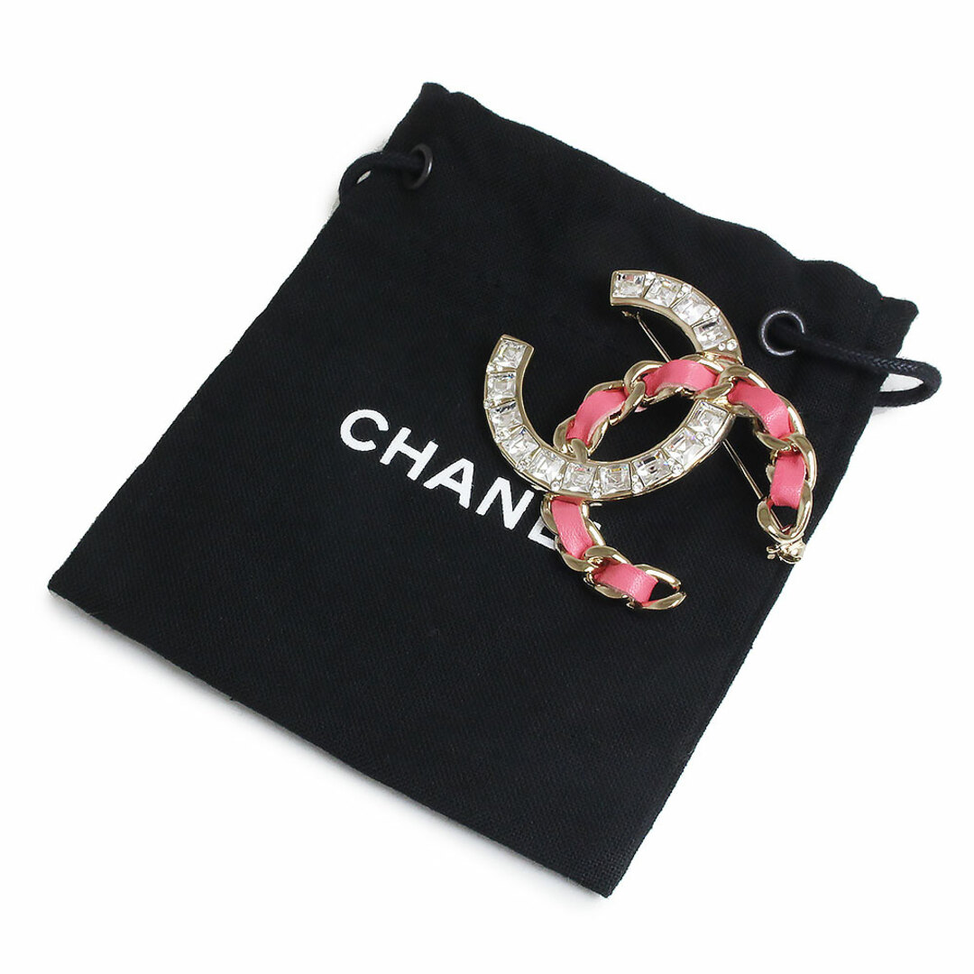 シャネル ココマーク チェーン スクエア ラインストーン ブローチ レザー メタル ピンク ゴールド AB0025 CHANEL（新品・未使用品）