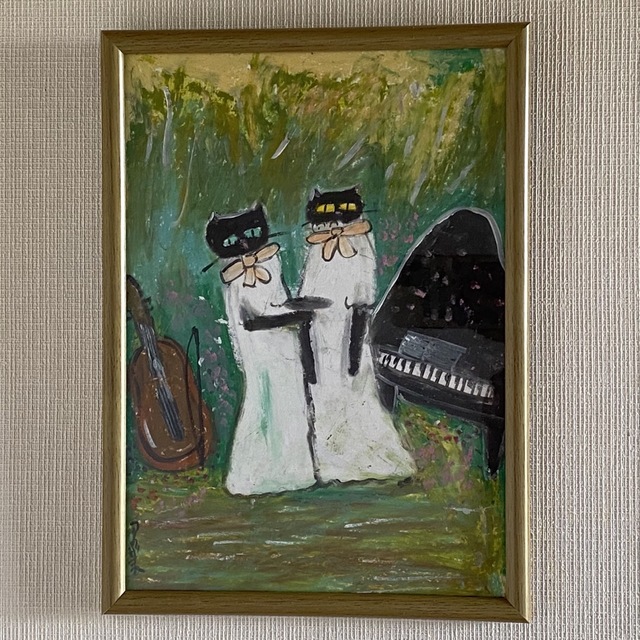 絵画 。壁掛け絵原画手描き【かわいい猫たちの楽しいワインパーティー