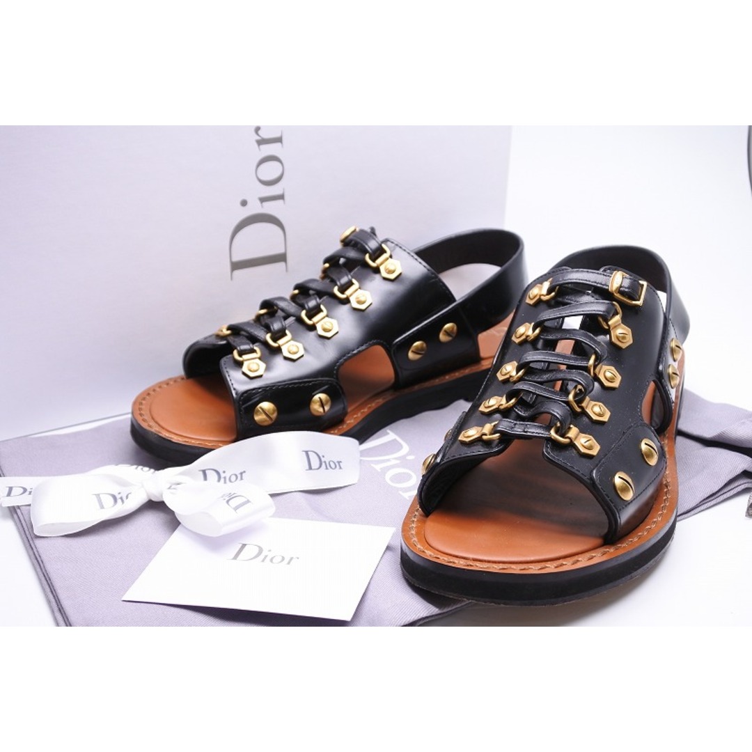 [USED/]Christian Dior クリスチャンディオール サンダル ja'dior wildior マット カーフスキン 革 黒 ブラック ゴールド金具 スタッズ レザーサンダル（35.5）（35 1/2） ブラック レザー 35 ゴールド金具  ai-tdc-000201-4e