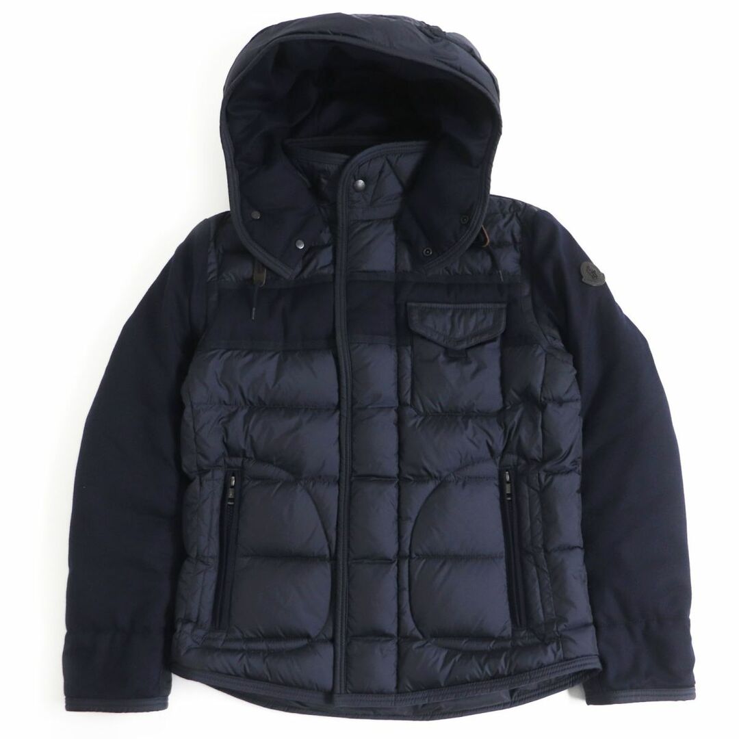 美品□18AW MONCLER/モンクレール RYAN ライアン レザーロゴワッペン ナイロン×ウール WZIP フーデッド ダウンジャケット 紺 0 正規品　t05-st30302-775