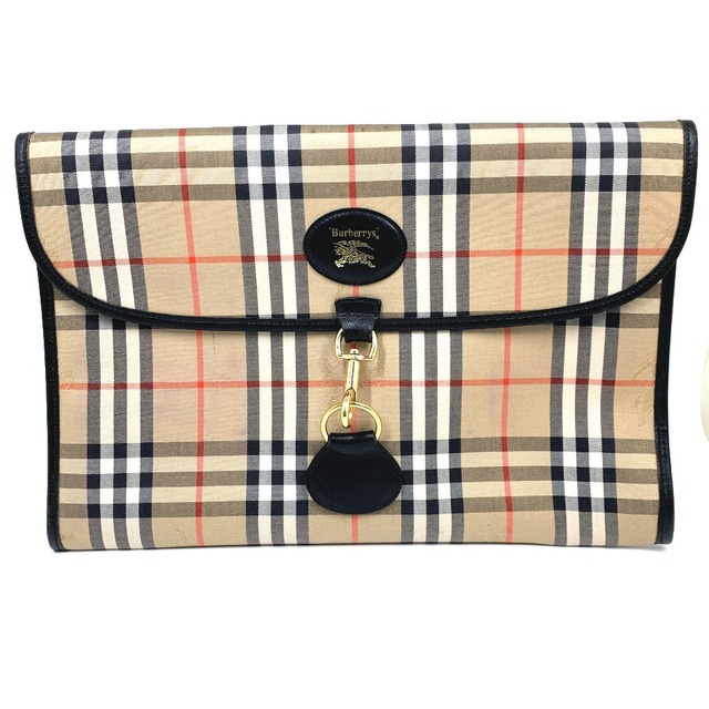 バーバリー BURBERRY ロゴ チェック ポーチ クラッチバッグ キャンバス/レザー ベージュ | フリマアプリ ラクマ