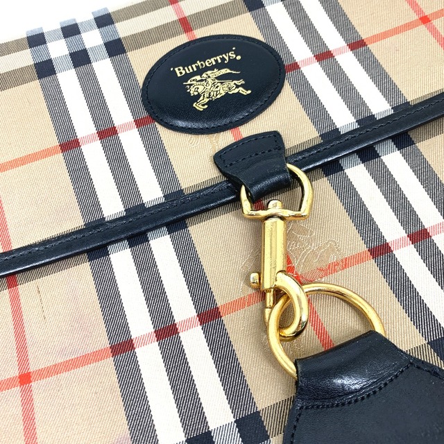 BURBERRY(バーバリー)のバーバリー BURBERRY ロゴ チェック ポーチ クラッチバッグ キャンバス/レザー ベージュ メンズのバッグ(セカンドバッグ/クラッチバッグ)の商品写真