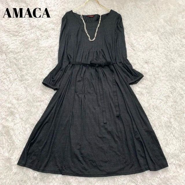 極美品 アマカ フレアワンピース リボン グレー 数量限定販売