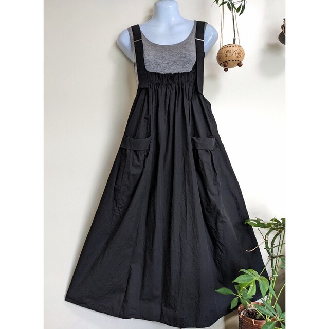 【新品】サロペット スカート ロングスカート ワンピース ゆったりワイド 黒 レディースのパンツ(サロペット/オーバーオール)の商品写真
