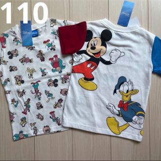 ディズニー(Disney)の【Disney】総柄☆ミッキー・ドナルド袖切り替え Tシャツ 2点セット 110(Tシャツ/カットソー)