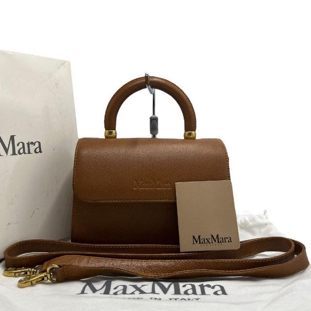 《美品✨レア》MAX MARA レザーショルダーバッグ　ブラウン　ロゴプレート