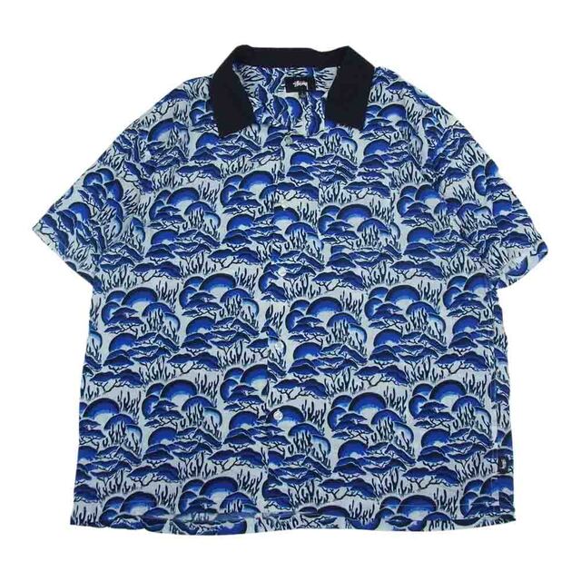 STUSSY ステューシー CORAL PATTERN SHIRT オープンカラー レーヨン 半袖 シャツ ブルー  ブルー系 L