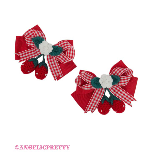 Angelic Pretty(アンジェリックプリティー)のSweet Strawberry編みぐるみリボンクリップSet レディースのヘアアクセサリー(ヘアピン)の商品写真