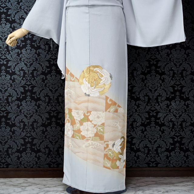 色留袖 京友禅 金駒刺繍 向かい鶴 落款 濱ちりめん 白花色 訳あり 在庫