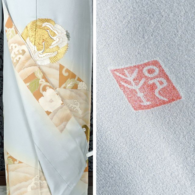 色留袖 京友禅 金駒刺繍 向かい鶴 落款 濱ちりめん 白花色 訳あり 在庫