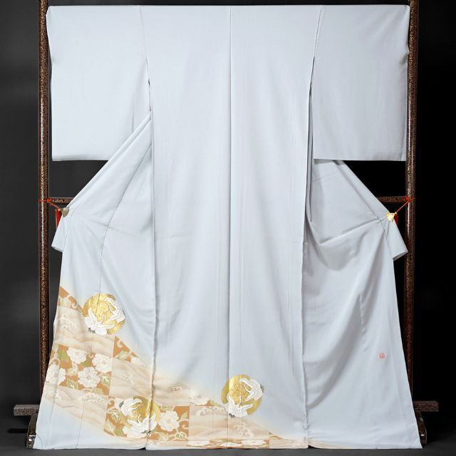 色留袖 京友禅 金駒刺繍 向かい鶴 落款 濱ちりめん 白花色 訳あり 在庫