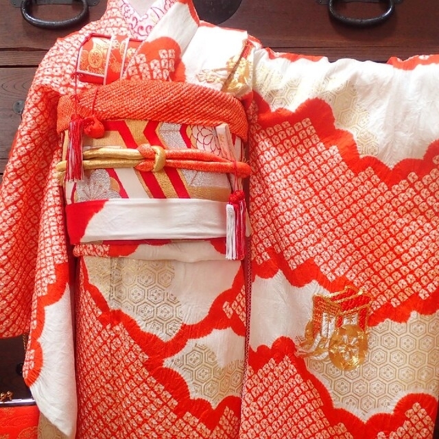 ☆sold out☆ 7歳 レトロ正絹総絞り朱色御所車 七五三 お着物フル