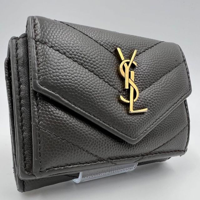 【美品】サンローラン YSL ロゴ 三つ折り財布 グレー レザー