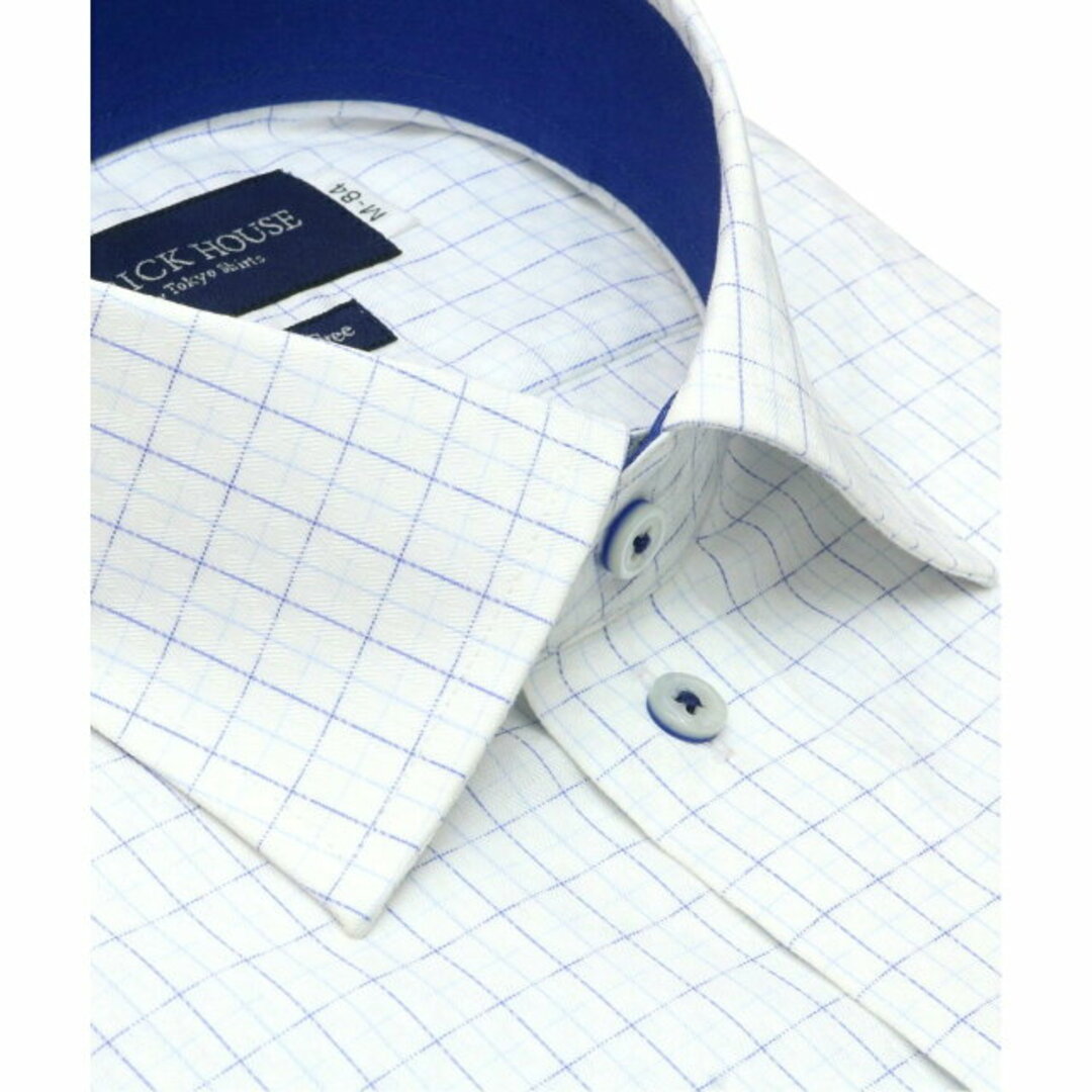 【ブルー】(M)【超形態安定】 ワイドカラー 長袖 形態安定 ワイシャツ 1