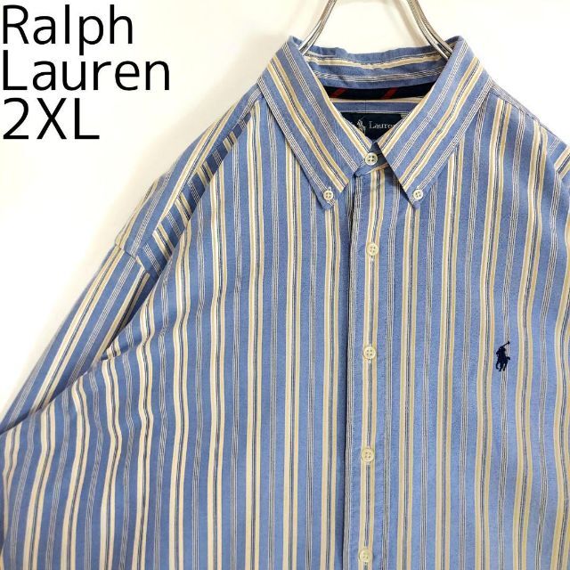 Ralph Lauren(ラルフローレン)の90s ラルフローレン BDストライプシャツ 2XL ブルー 水色 黄色 紺 メンズのトップス(シャツ)の商品写真