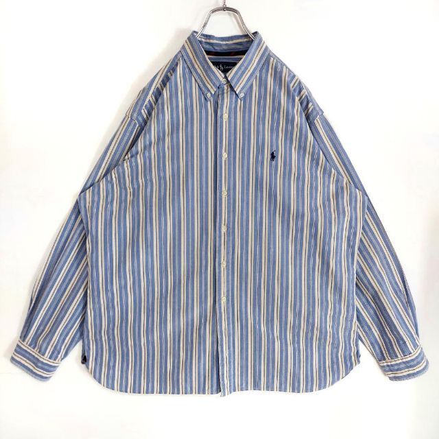 Ralph Lauren(ラルフローレン)の90s ラルフローレン BDストライプシャツ 2XL ブルー 水色 黄色 紺 メンズのトップス(シャツ)の商品写真