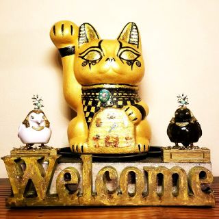 招き猫 エジプト バステト ウェルカムボード 陶器 トト 新品 ギフト ゴールド(置物)