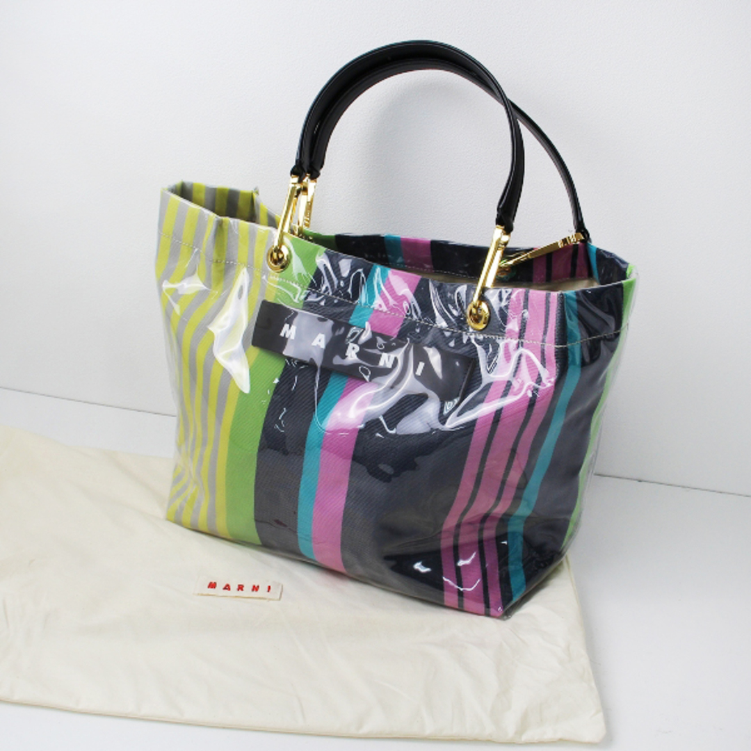 美品 MARNI マルニ GLOSSY GRIP PVC ストライプ トートバッグ ショッピングバッグ Mサイズ/グレー ピンク系【2400013268981】