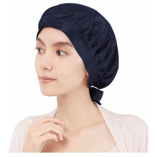 【新品】天然シルク100% ナイトキャップ ［ネイビー］(ヘアケア)