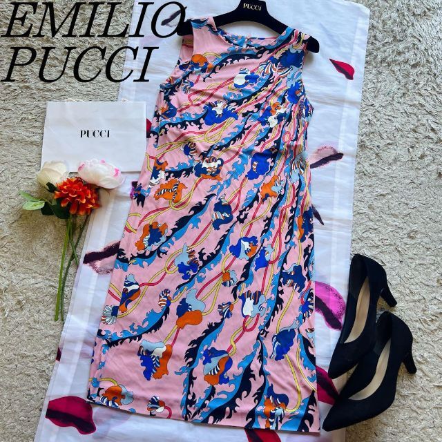 美品】EMILIO PUCCI プッチ柄ワンピース ノースリーブ 膝丈 ピンク