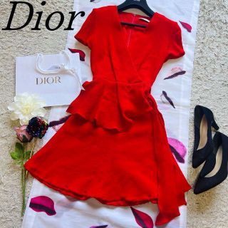 【良品】Christian Dior フレアワンピース レッド ノースリーブ