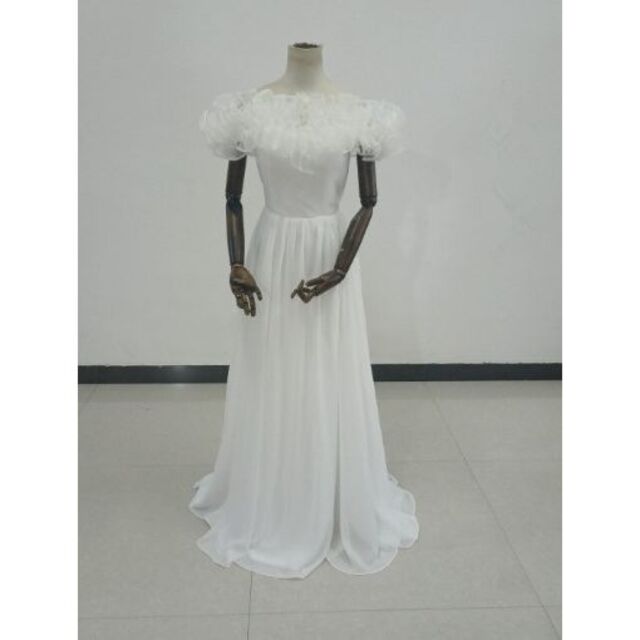 ウェディングドレス ホワイト 上品！ふんわりシフォン オフショルダー 結婚式フォーマル/ドレス