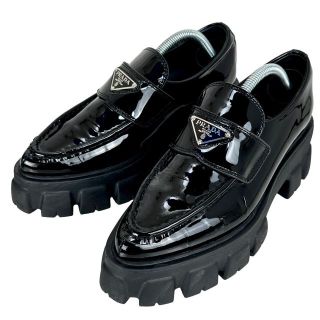 美品】PRADA ネイビー バックルローファー プレート ロゴプレート eva