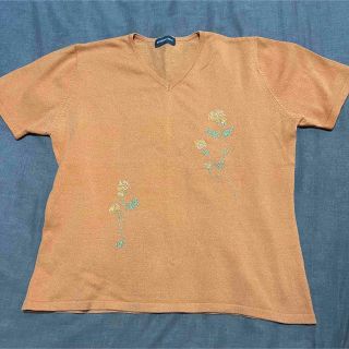 オレンジ色のお花の刺繍半袖Tシャツ サマーニット レディースLサイズ(Tシャツ(半袖/袖なし))