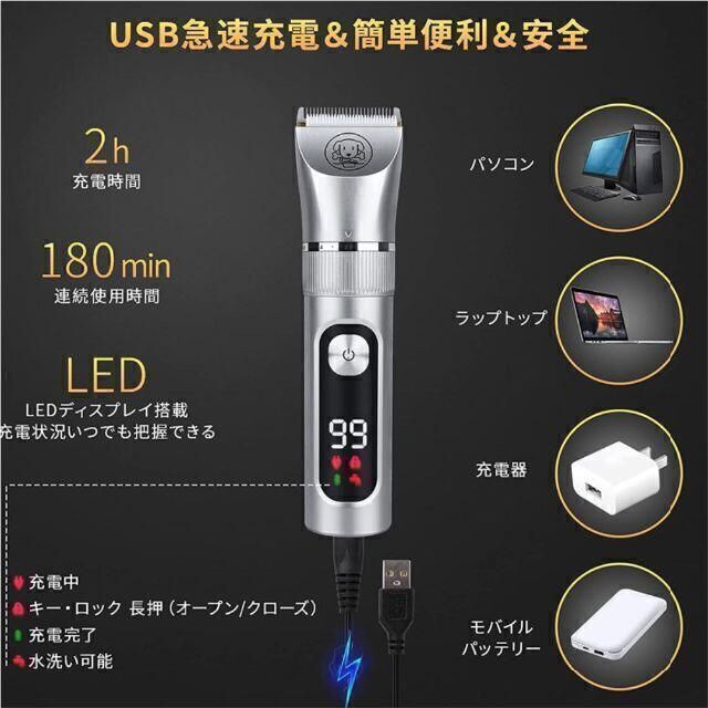 【USB急速充電 LEDディスプレイ 防水機能 低騒音】 バリカン ペット用