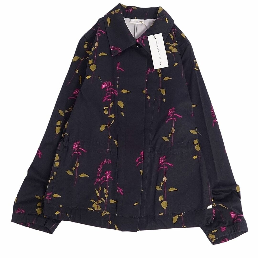 極美品 ドリスヴァンノッテン DRIES VAN NOTEN ジャケット ブルゾン ドローコード 花柄 総柄 コットン アウター レディース 34(S相当) ブラック