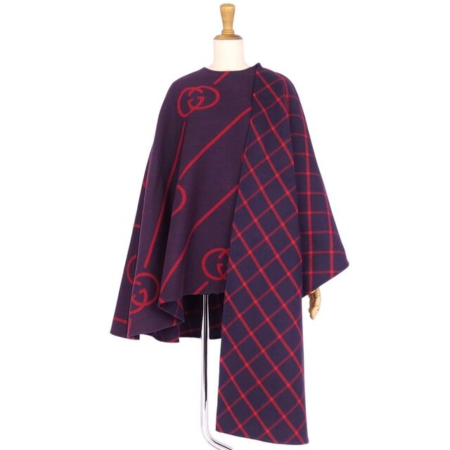 極美品 グッチ GUCCI ポンチョ コート ケープ インターロッキング ウール ウール シルク トップス レディース イタリア製 38(M相当) パープル/レッド