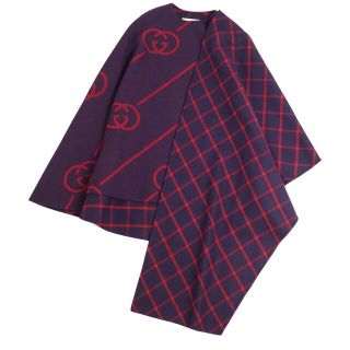 グッチ(Gucci)の極美品 グッチ GUCCI ポンチョ コート ケープ インターロッキング ウール ウール シルク トップス レディース イタリア製 38(M相当) パープル/レッド(その他)