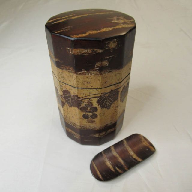 桜皮細工 樺細工 12角 茶筒(葡萄柄)&茶匙 セット 角館 伝統工芸品
