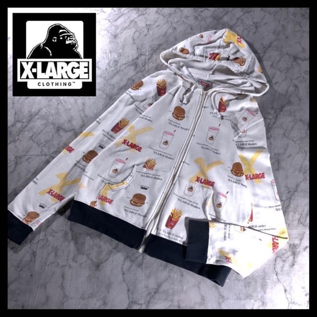 X-LARGE エクストララージ 総柄 ジップ パーカー M 白 マルチカラー