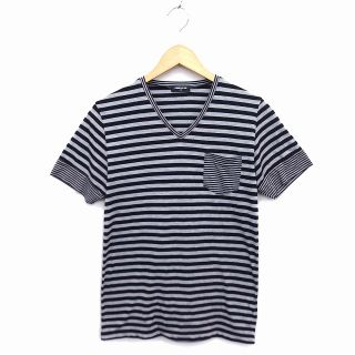 コムサイズム(COMME CA ISM)のコムサイズム カットソー Tシャツ Vネック 透け感 ボーダー 半袖 M グレー(Tシャツ(半袖/袖なし))