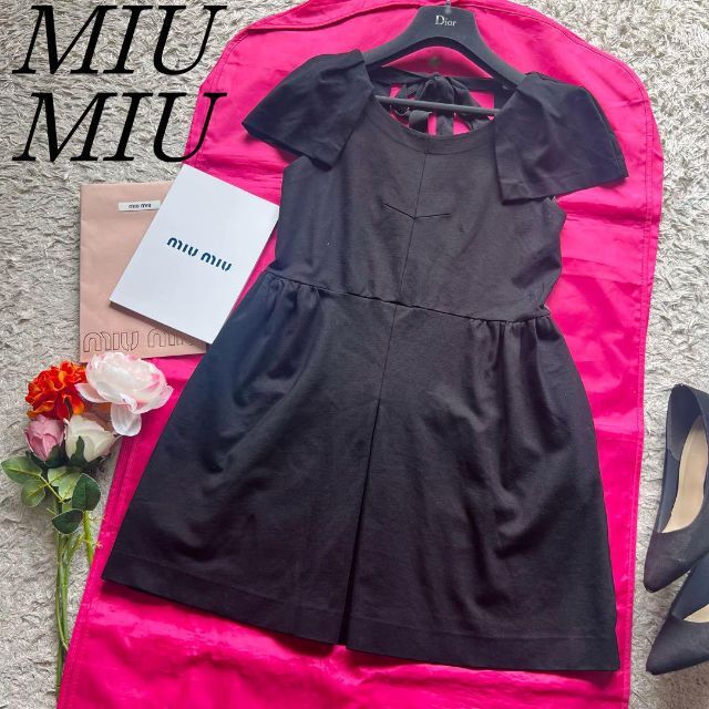 【美品】MIU MIU ワンピース ブラック リボン S シースルー