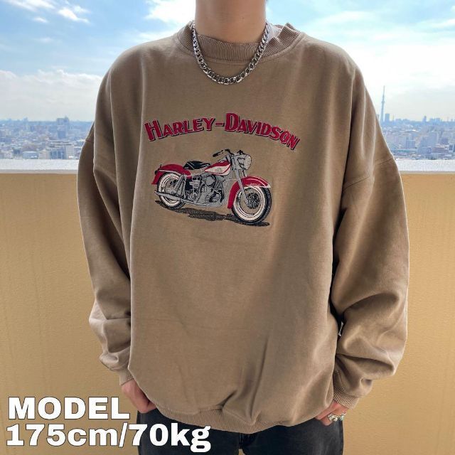 ハーレーダビッドソン デカ刺繍 スウェット ベージュ バイク 3XL 裏