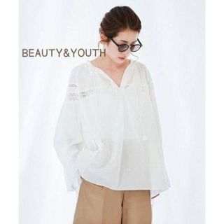 ビューティアンドユースユナイテッドアローズ(BEAUTY&YOUTH UNITED ARROWS)の美品　ビューティ&ユース　コットンローンレースブラウス　白　ホワイト　シアー(シャツ/ブラウス(長袖/七分))